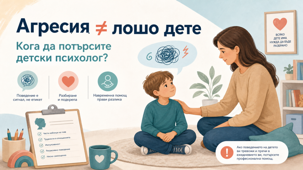 Editorial infographic-style hero image about child aggression, supportive parenting, and when to seek a child psychologist
