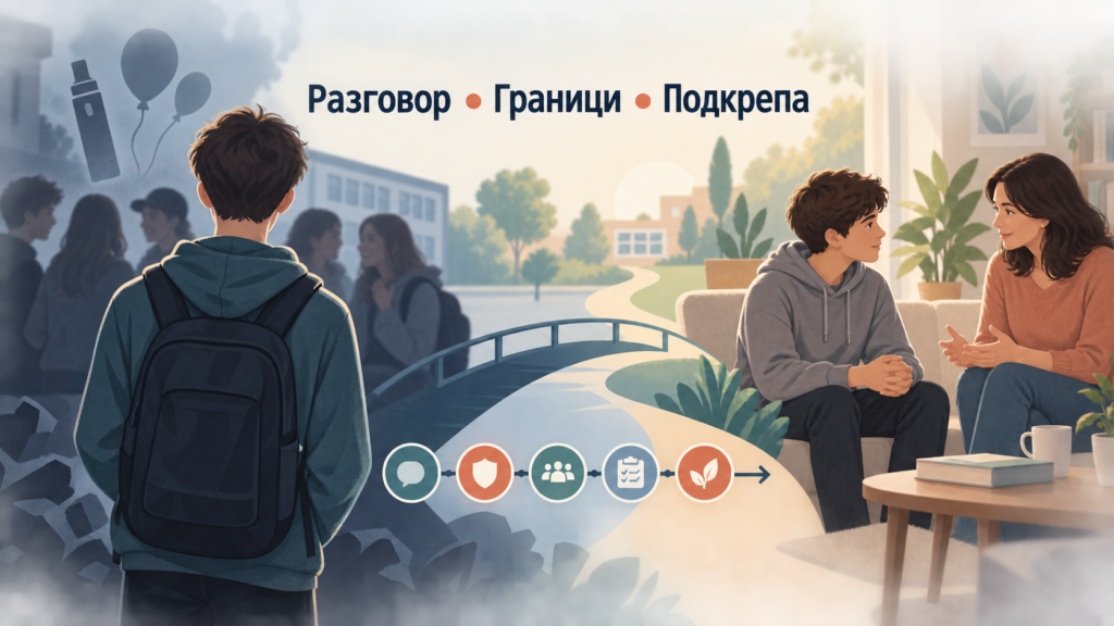 Редакционна инфографика за разговор, граници и подкрепа при рисково поведение на тийнейджъри