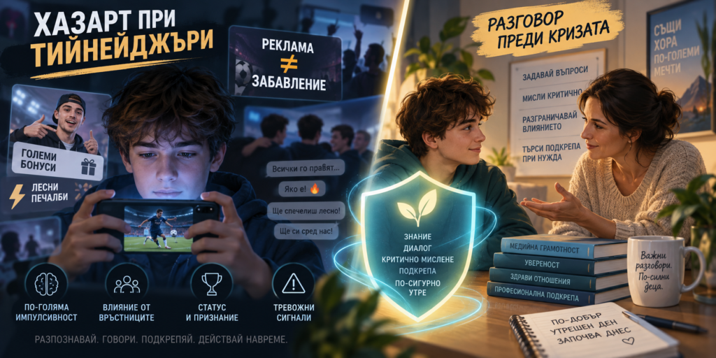 Редакционна инфографика за влиянието на онлайн хазарта и инфлуенсърите върху тийнейджърите и ролята на спокойния разговор с родител