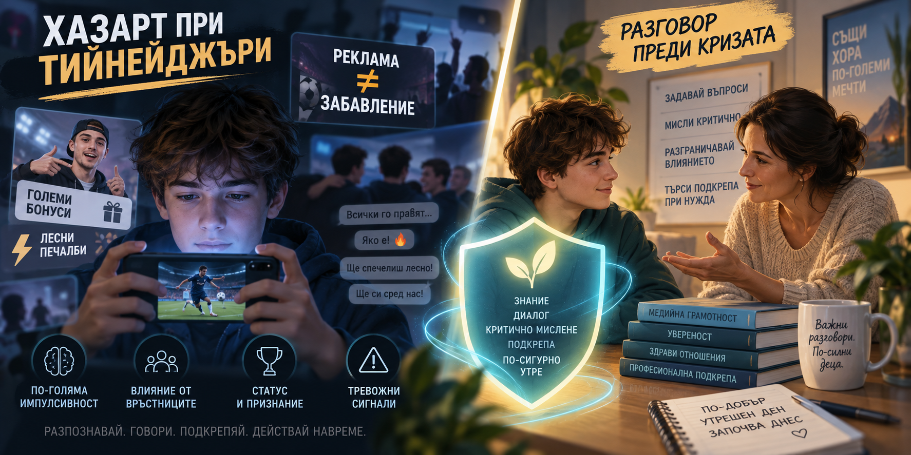 Редакционна инфографика за влиянието на онлайн хазарта и инфлуенсърите върху тийнейджърите и ролята на спокойния разговор с родител