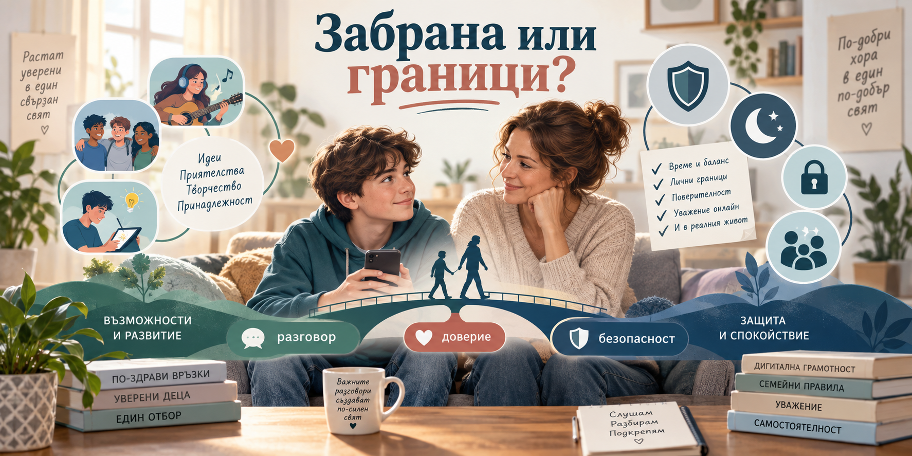 Спокоен разговор между родител и тийнейджър за социалните мрежи, с визуални символи за доверие, безопасност, сън и семейни граници.